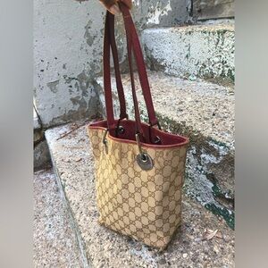 Gucci Beige GG Canvas Tote with Red Trim and Straps